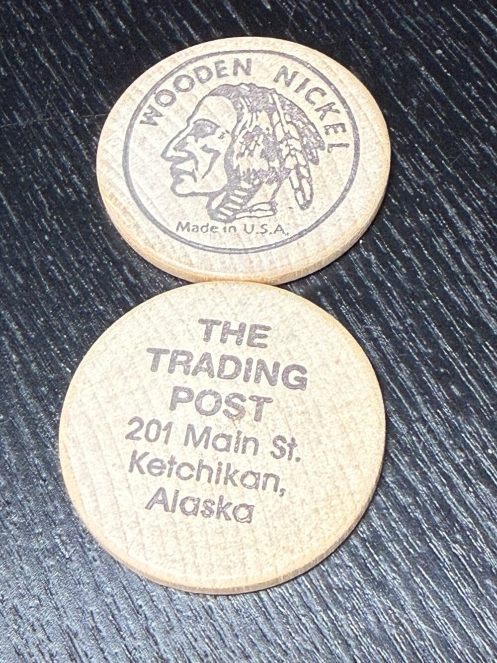 VTG Indian Head Wooden Nickel USA Made - The Trading Post Ketchikan Alaska - 2